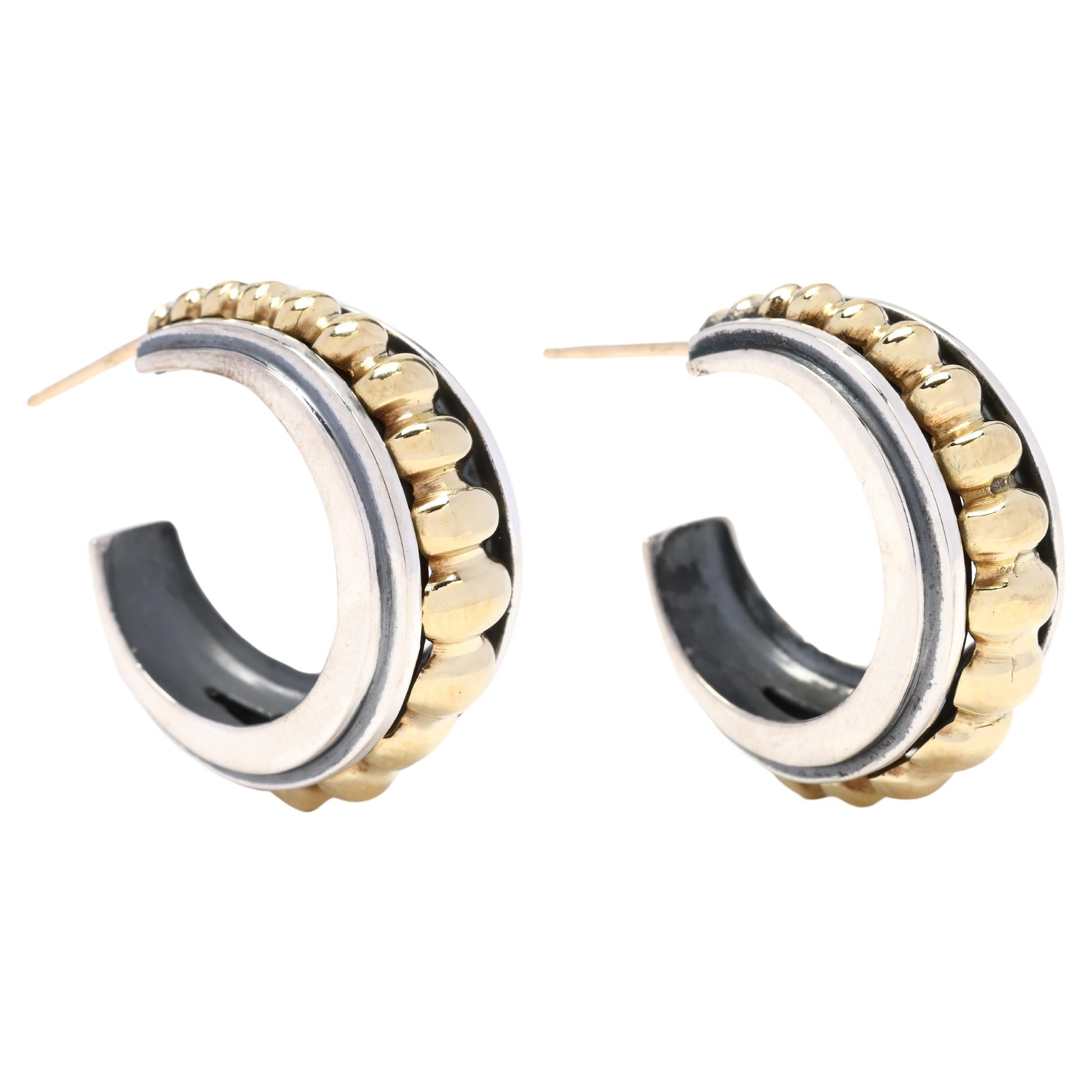 Lagos Caviar Ribbed Hoops, Sterling Silver 18k Yellow Gold, Thick Design For Sale