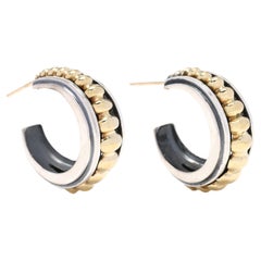 Used Lagos Caviar Ribbed Hoops, Sterling Silver 18k Yellow Gold, Thick Design
