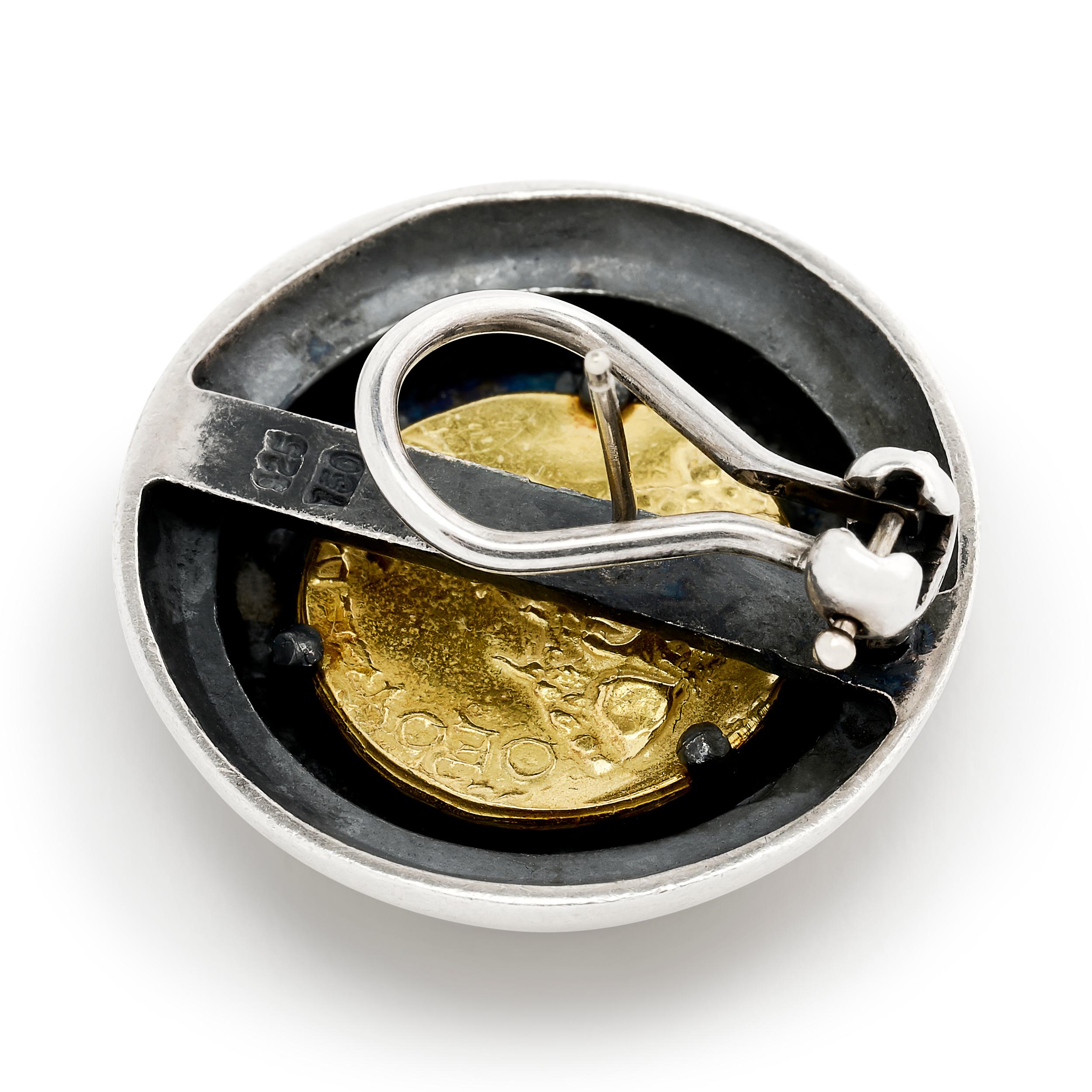 Lagos Caviar Silver and 18 Karat Yellow Gold Bezel Set Coin Earrings In Good Condition For Sale In Philadelphia, PA