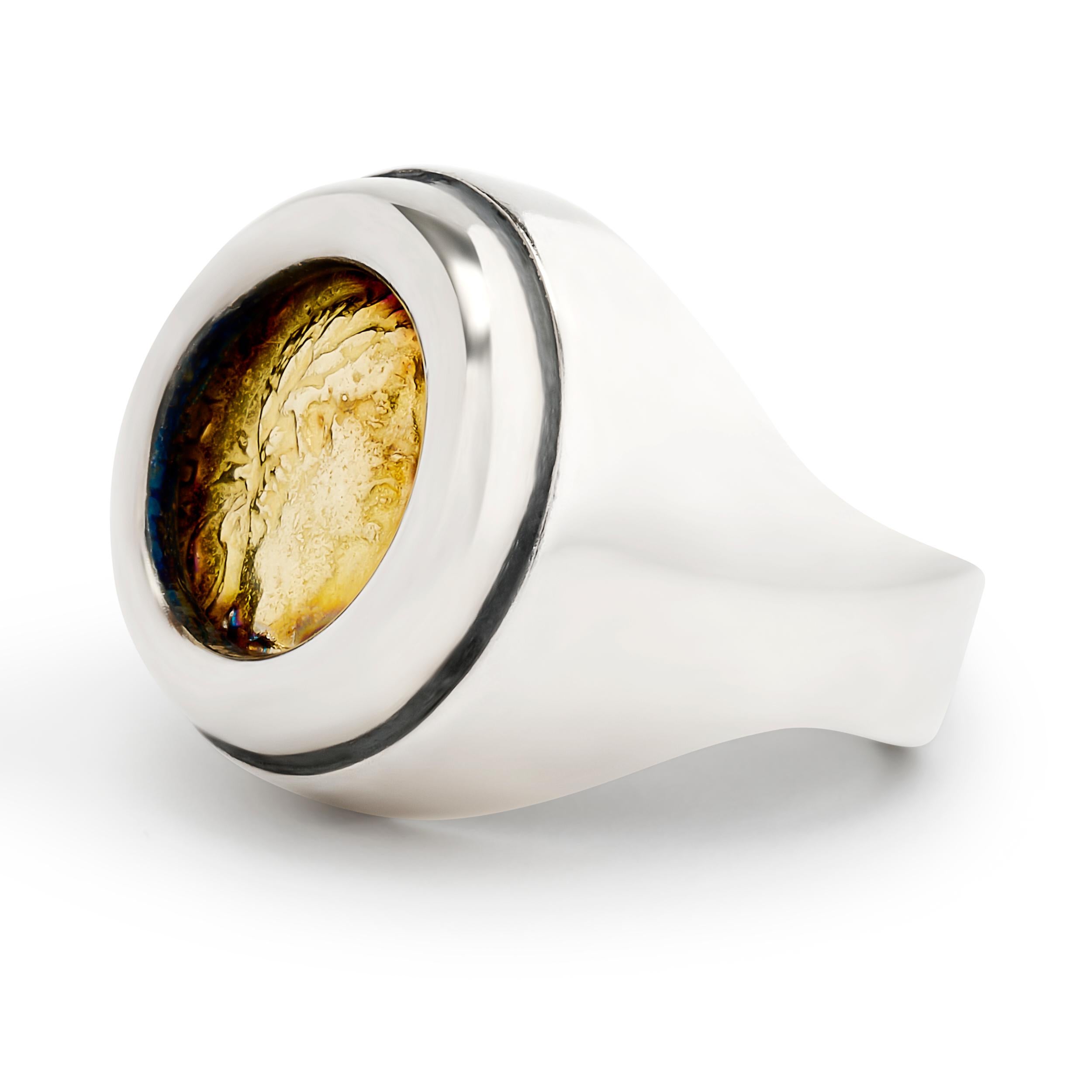Lagos Caviar Silver and 18 Karat Yellow Gold Bezel Set Coin Ring In Good Condition For Sale In Philadelphia, PA