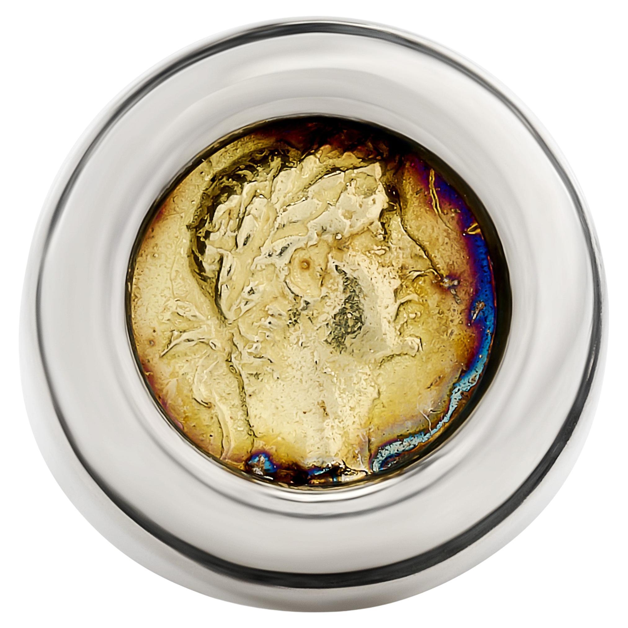 Lagos Caviar Silver and 18 Karat Yellow Gold Bezel Set Coin Ring
