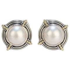 Vintage Lagos Caviar Sterling Silver, 18 Karat Gold and Mabe Pearl Earrings