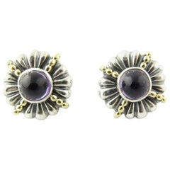 Boucles d'oreilles rondes Lagos Caviar en argent sterling, or jaune 18 carats et améthyste
