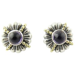 Lagos Caviar Sterling Silver 18 Karat Yellow Gold Amethyst Round Earrings