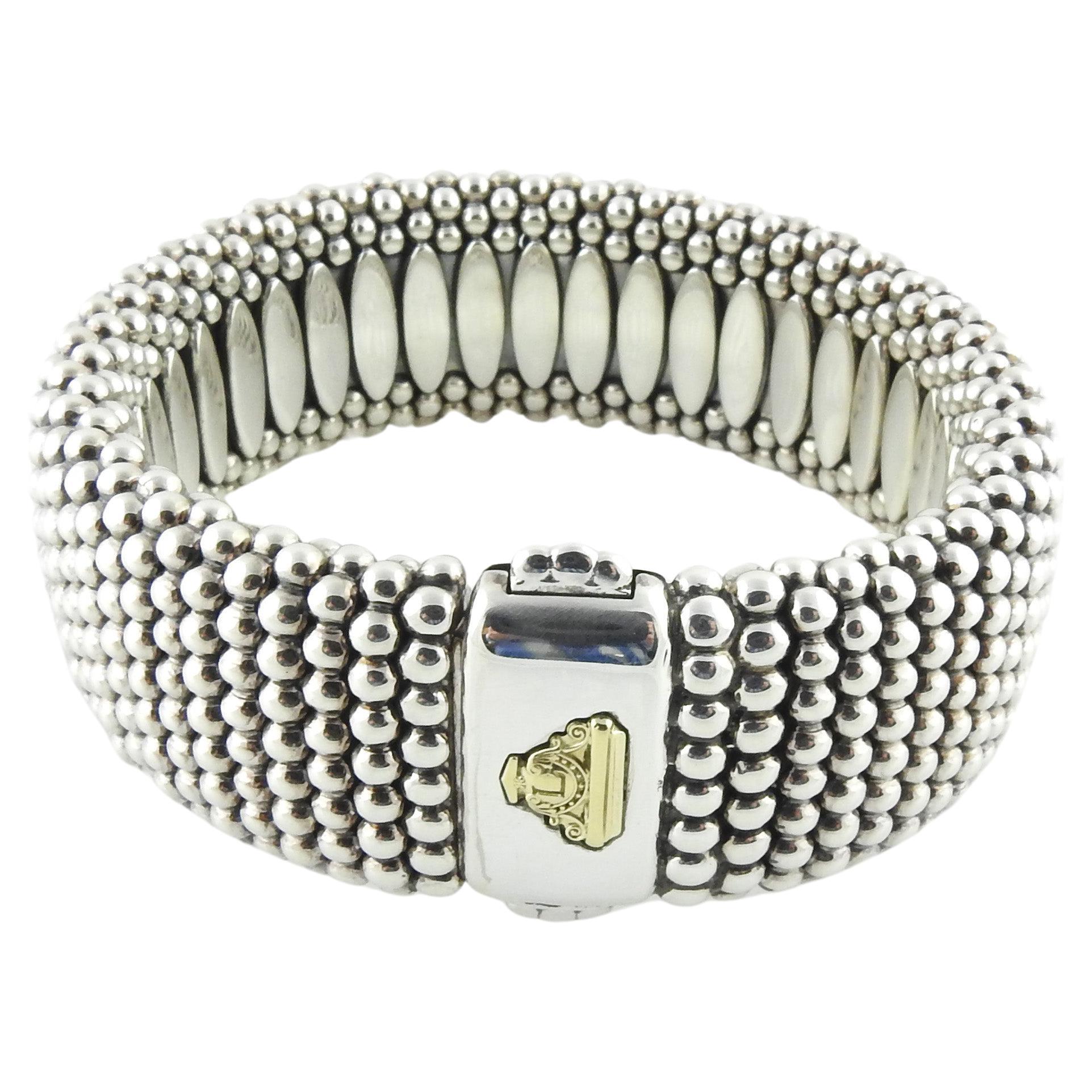Lagos Caviar Sterling Silver 18K Yellow Gold Signature Beaded Wide Bangle Brace