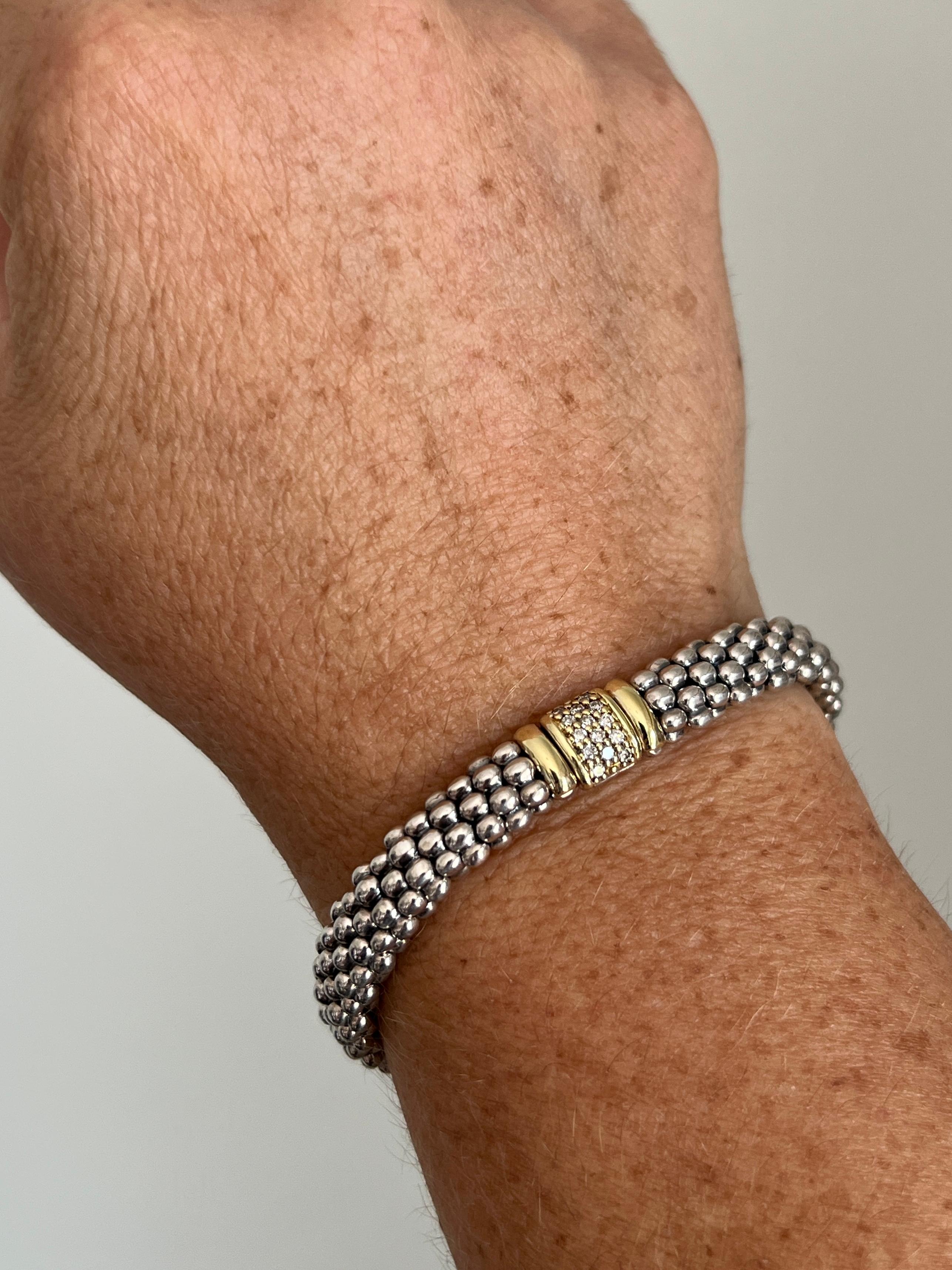 Contemporary Lagos Caviar Sterling Silver and 18k Yellow Gold Diamond Bracelet For Sale