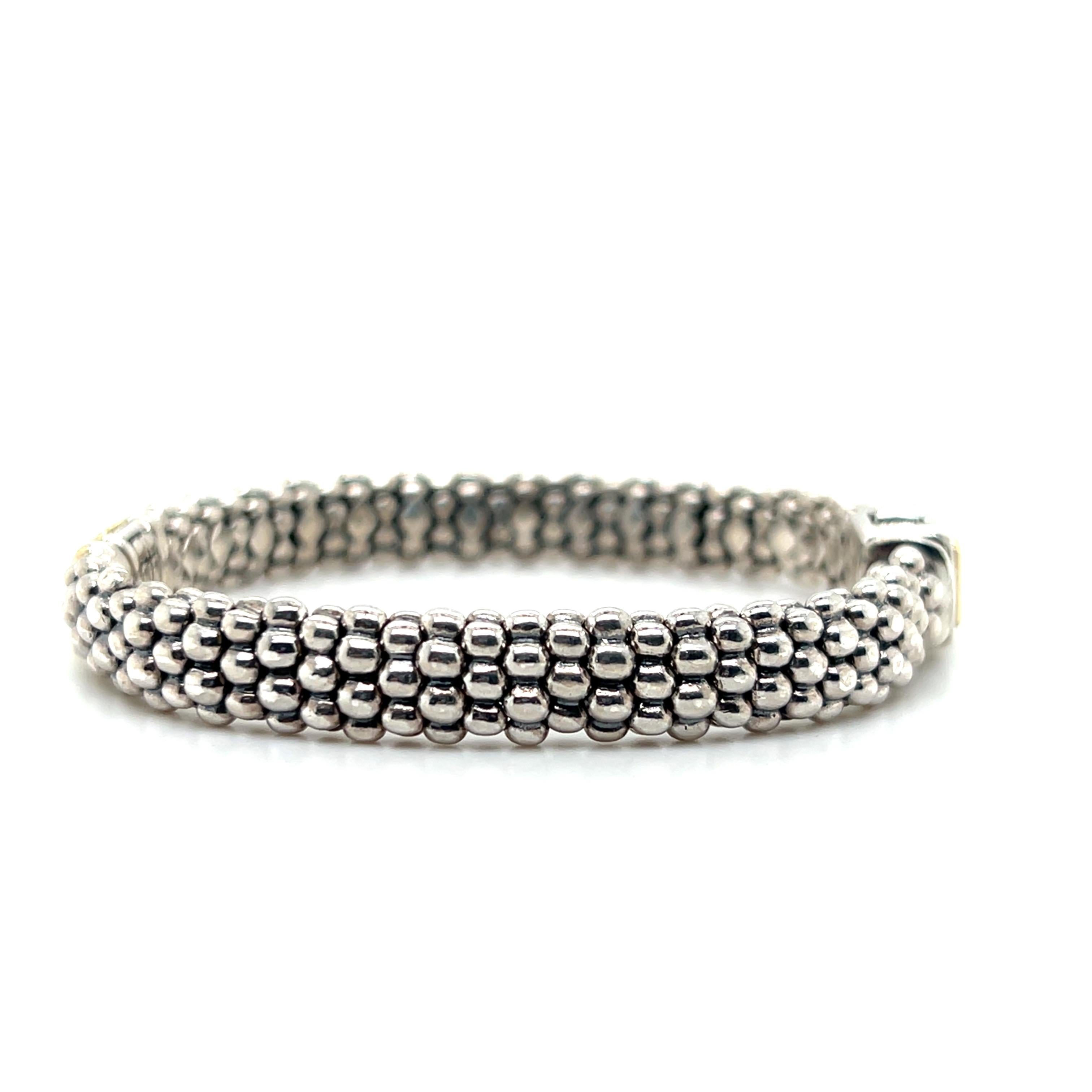 Round Cut Lagos Caviar Sterling Silver and 18k Yellow Gold Diamond Bracelet For Sale