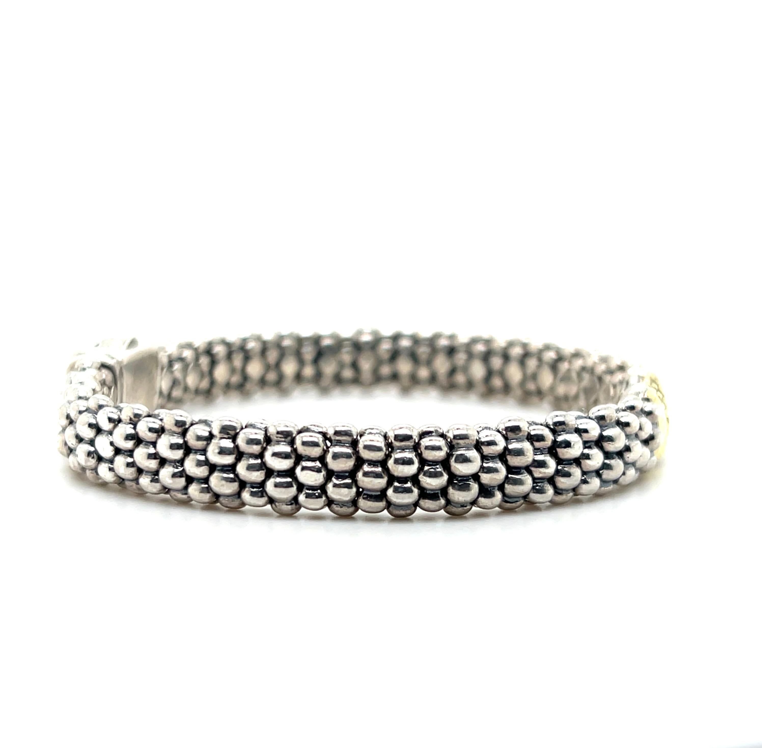 Lagos Caviar Sterling Silver and 18k Yellow Gold Diamond Bracelet In Good Condition For Sale In Towson, MD