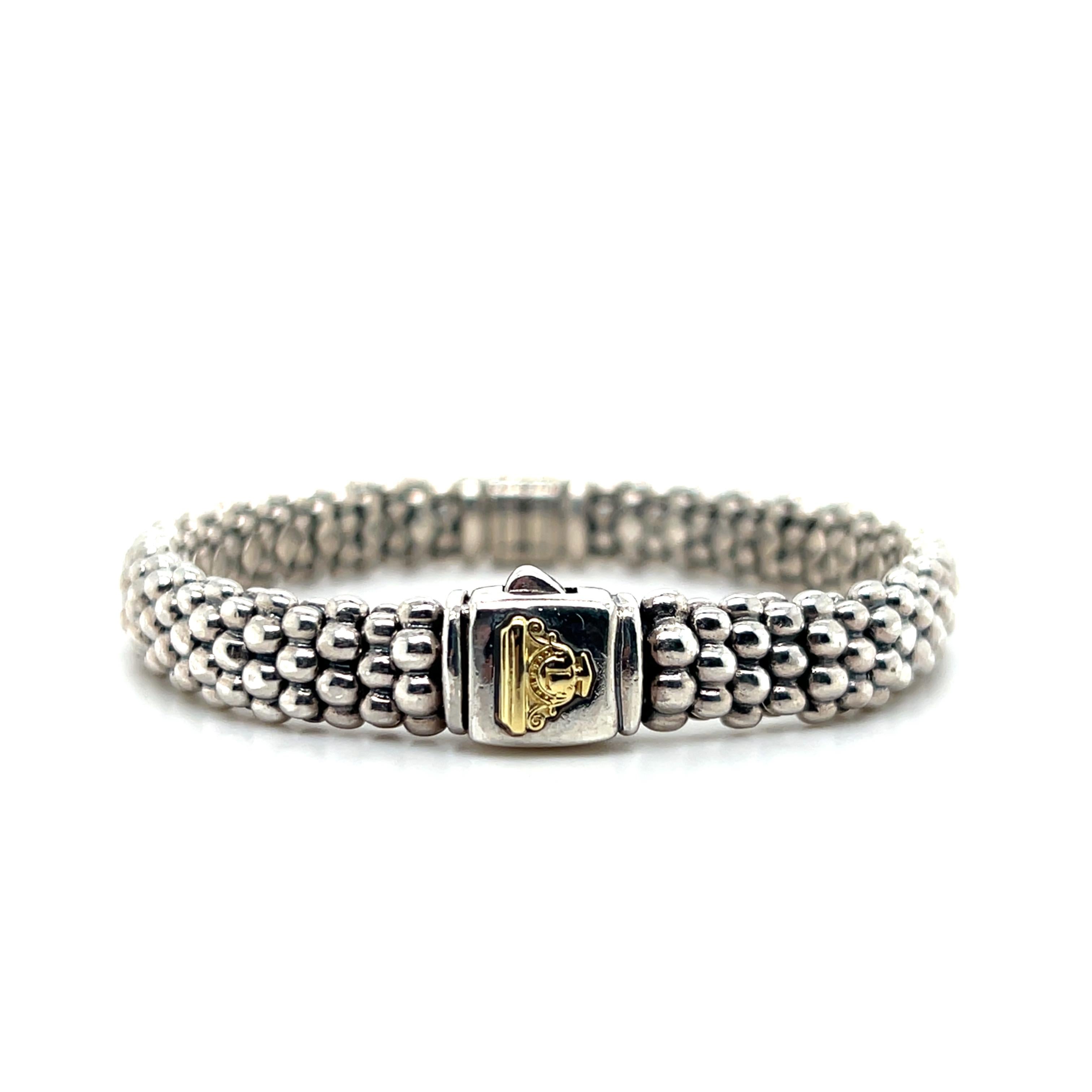 Women's or Men's Lagos Caviar Sterling Silver and 18k Yellow Gold Diamond Bracelet For Sale