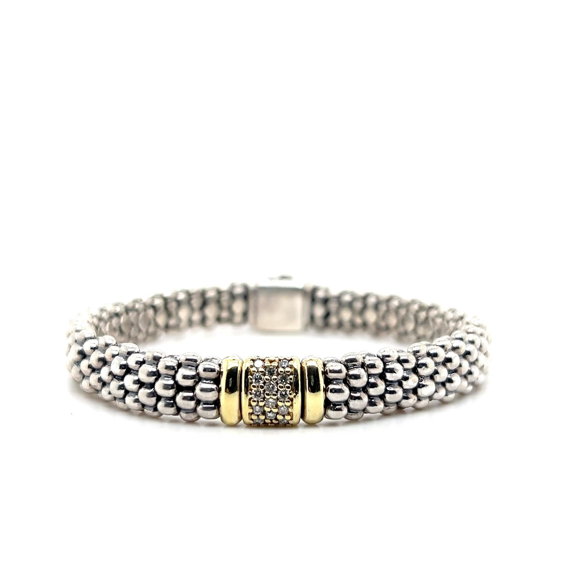 Lagos Caviar Sterling Silver and 18k Yellow Gold Diamond Bracelet For Sale 2