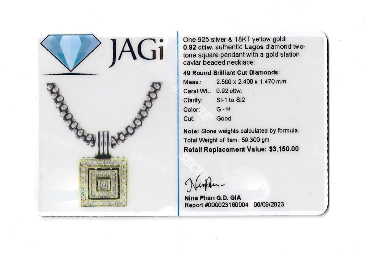 Lagos Caviar Sterling Silver and 18K Yellow Gold Diamond Square Pendant Necklace For Sale 1