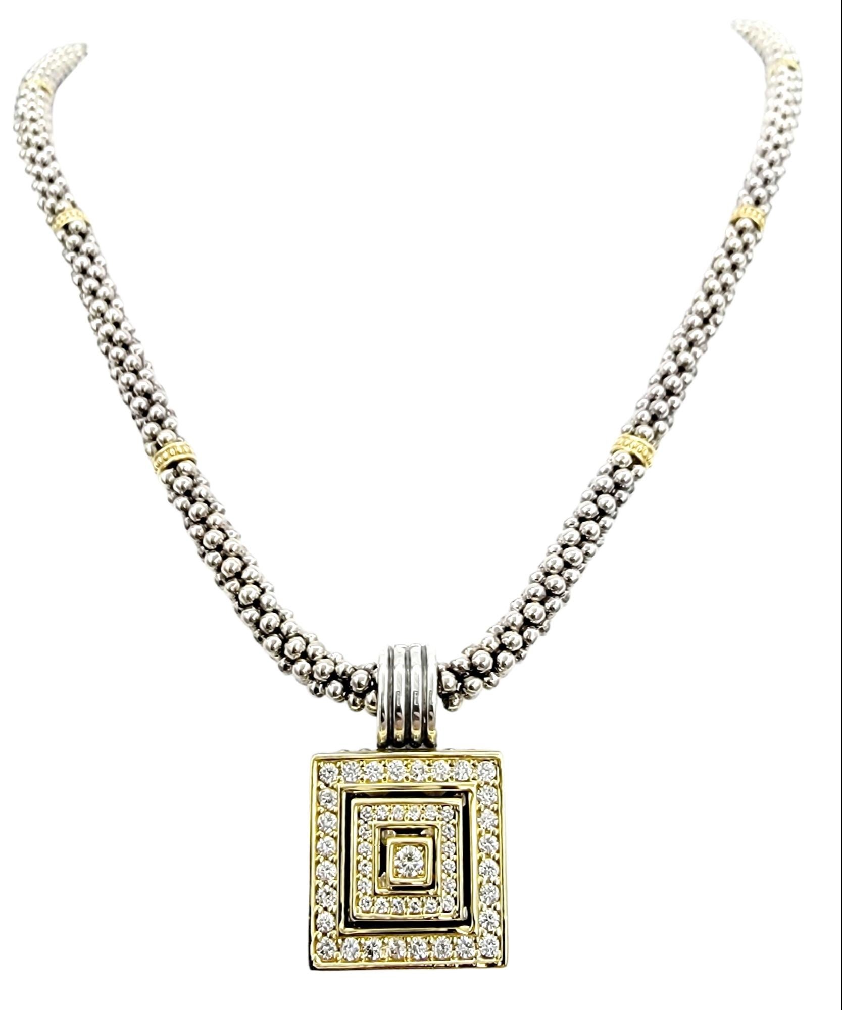 Lagos Caviar Sterling Silver and 18K Yellow Gold Diamond Square Pendant Necklace In Good Condition For Sale In Scottsdale, AZ