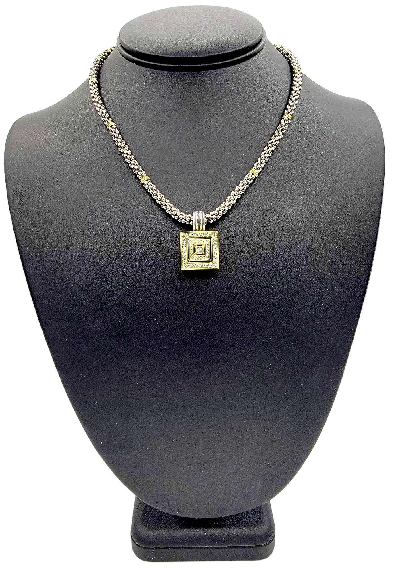 Women's Lagos Caviar Sterling Silver and 18K Yellow Gold Diamond Square Pendant Necklace For Sale