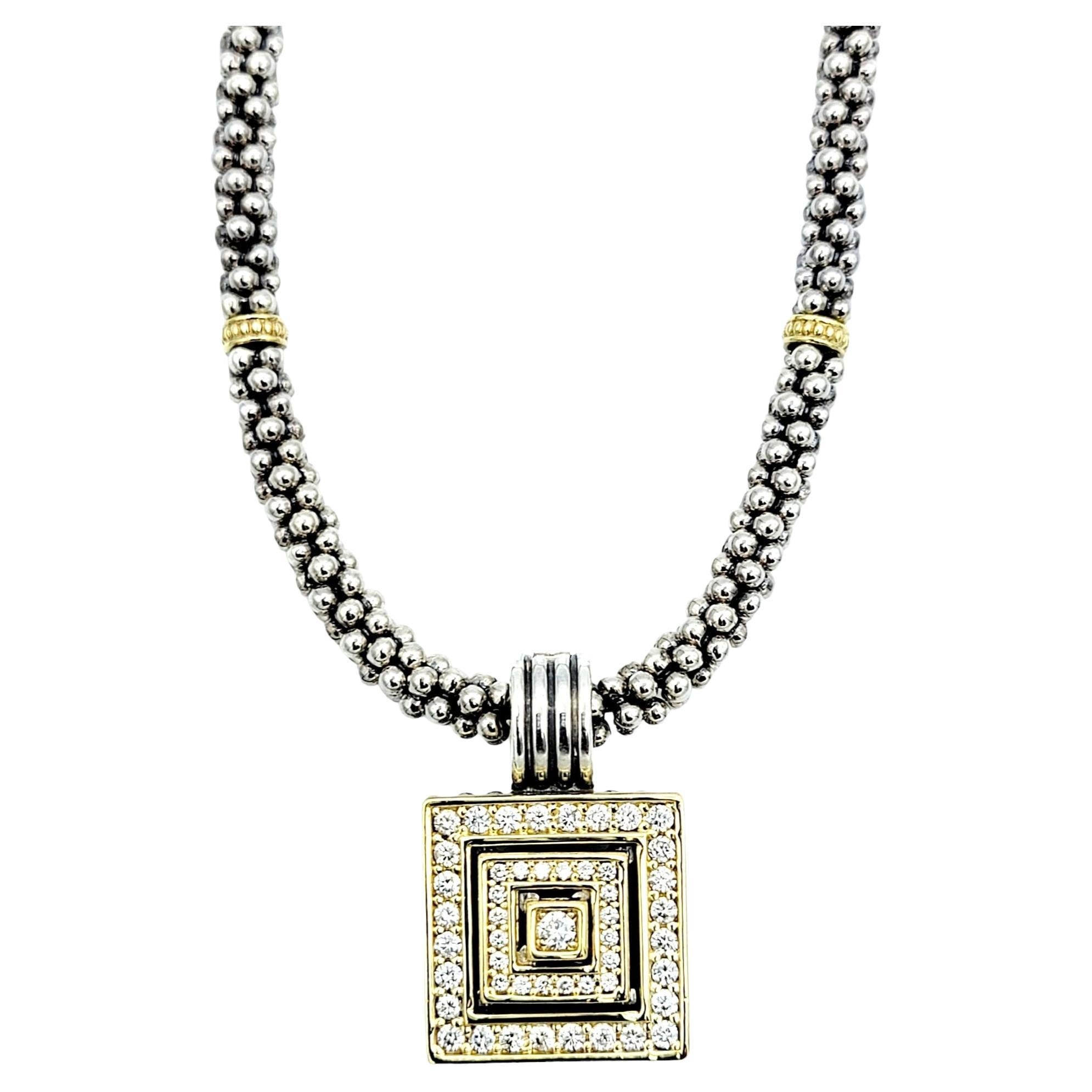 Lagos Caviar Sterling Silver and 18K Yellow Gold Diamond Square Pendant Necklace