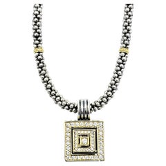 Vintage Lagos Caviar Sterling Silver and 18K Yellow Gold Diamond Square Pendant Necklace