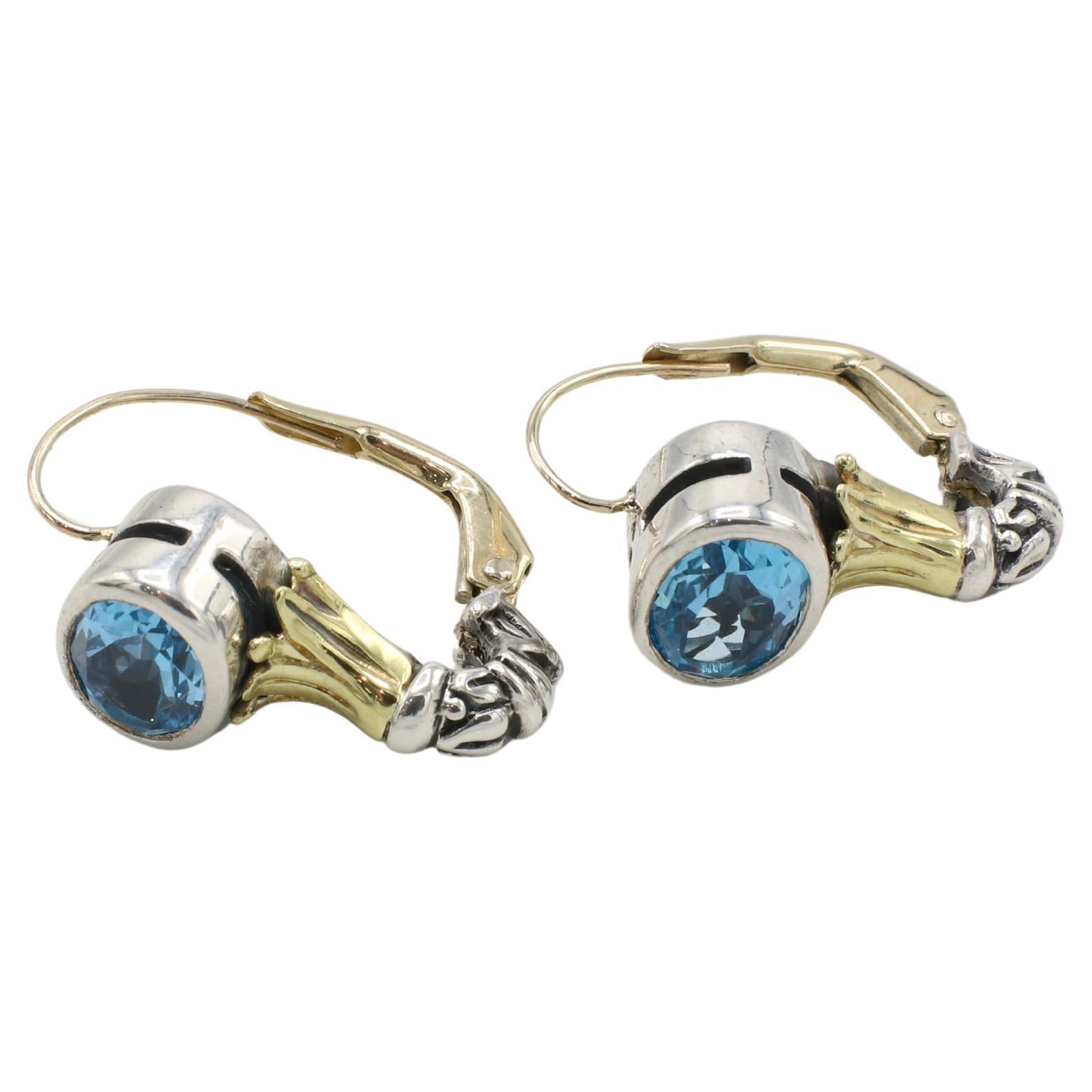 Modern Lagos Caviar Sterling Silver & Gold Blue Topaz Dangle Drop Earrings
