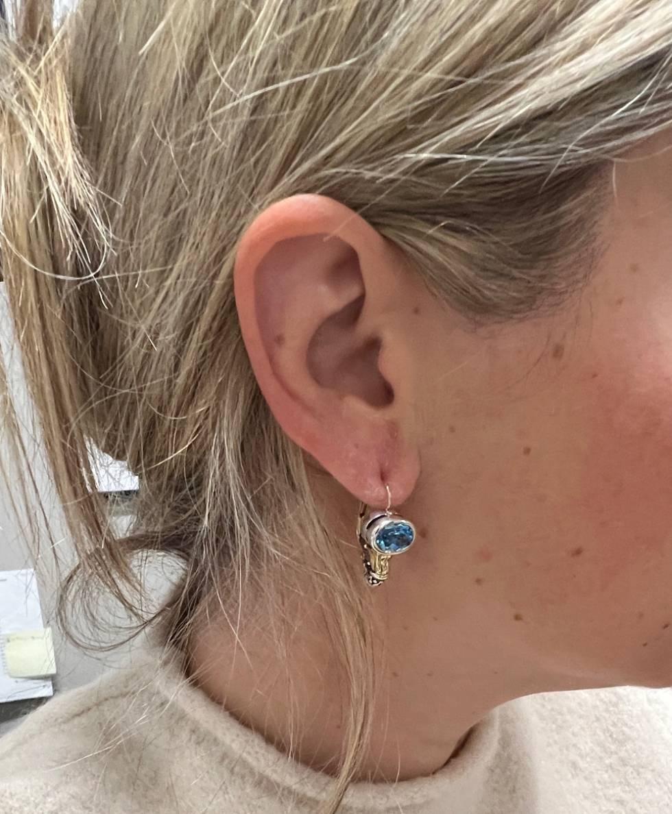 Oval Cut Lagos Caviar Sterling Silver & Gold Blue Topaz Dangle Drop Earrings