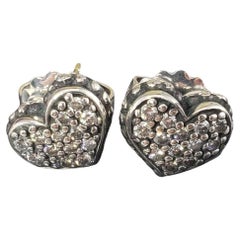 Used Lagos Caviar Sterling Silver Pave Diamond Heart Earrings #16116