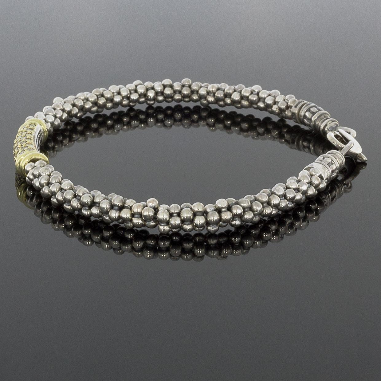 Lagos Classic Caviar Gold and Silver Pave Diamond Beaded Bracelet In Excellent Condition In Columbia, MO
