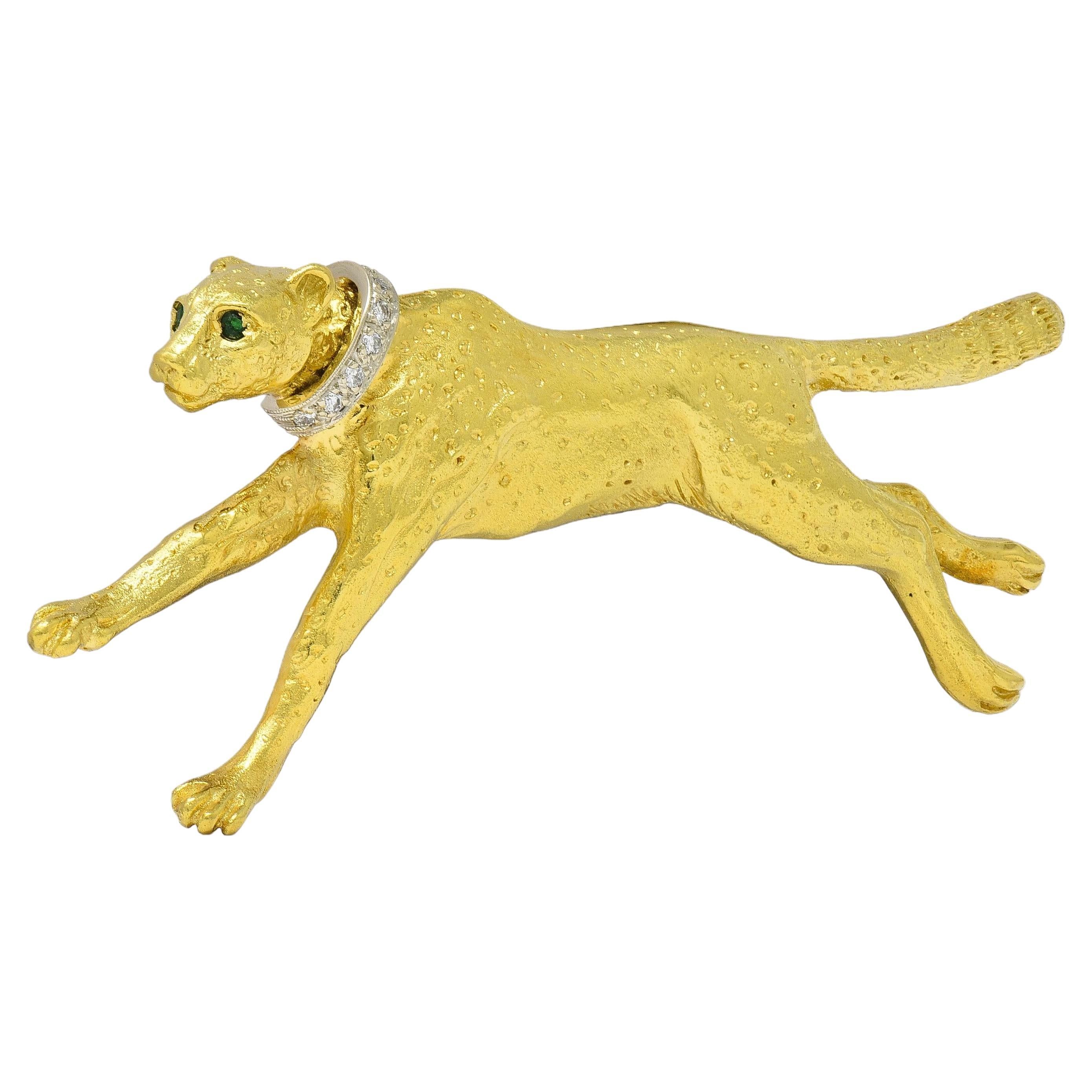 Lagos Contemporáneo Esmeralda Diamante Oro 18 Kilates Broche Guepardo