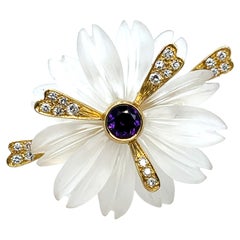 Broche/épingle contemporaine en cristal de roche, améthyste et or jaune 18 carats de Lagos