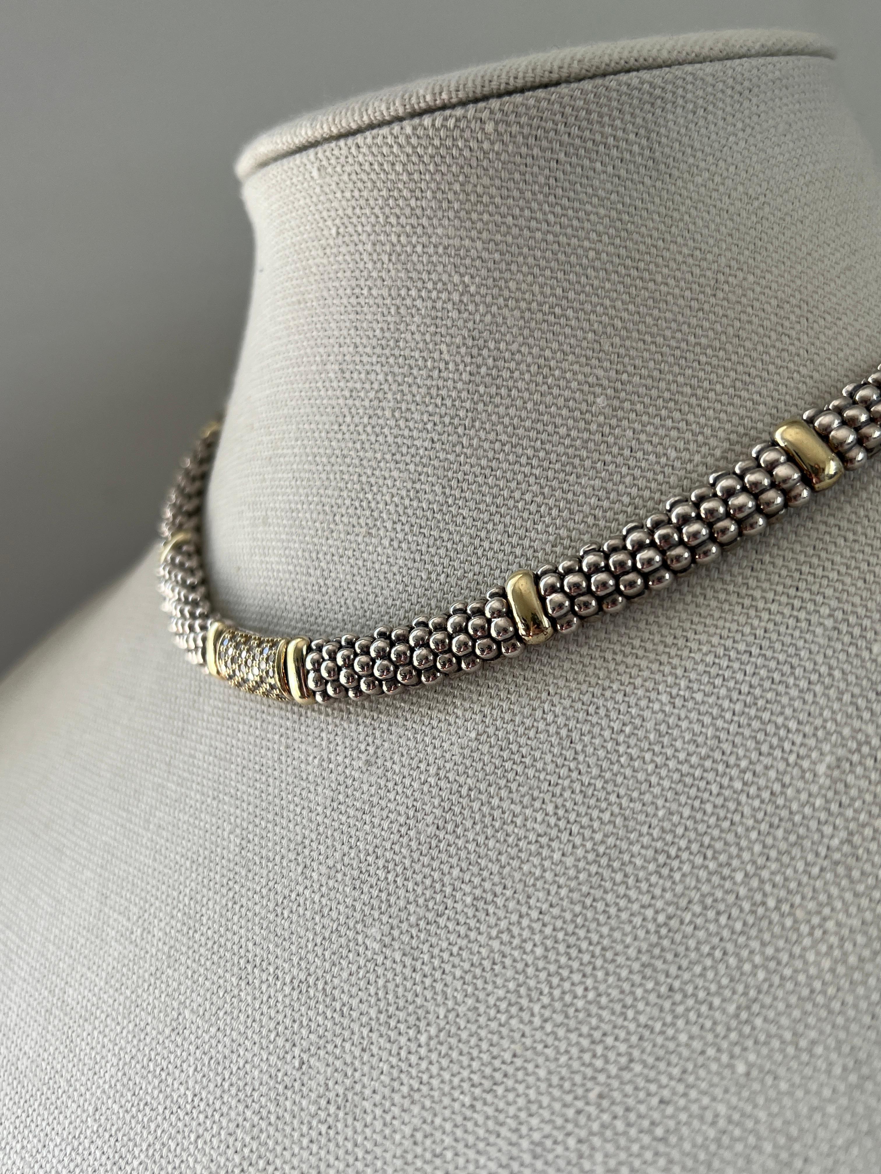 Lagos Contemporary Sterling Silber 18k Gelbgold und Diamant Caviar Halskette (Rundschliff) im Angebot