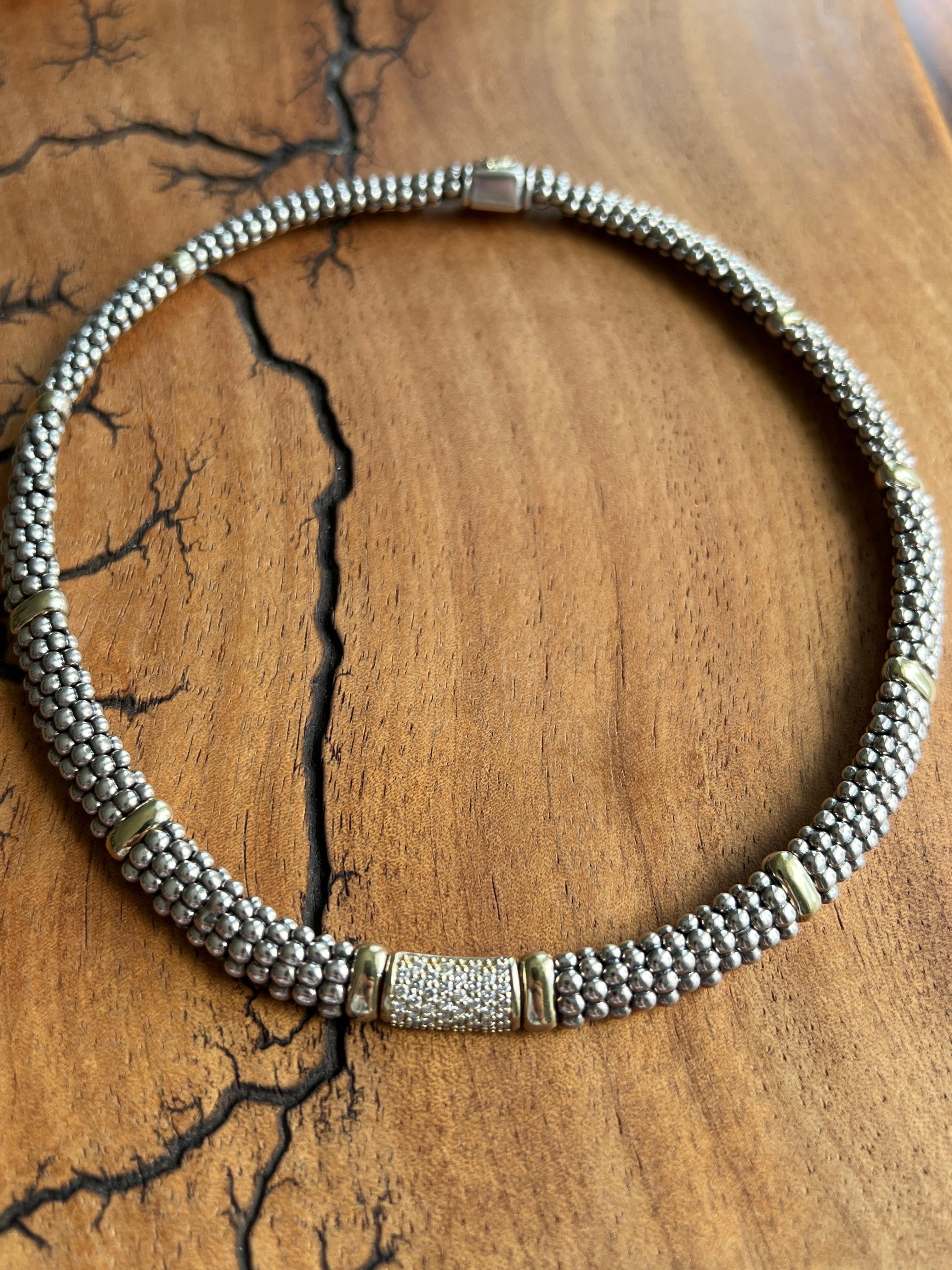Lagos Contemporary Sterling Silber 18k Gelbgold und Diamant Caviar Halskette für Damen oder Herren im Angebot
