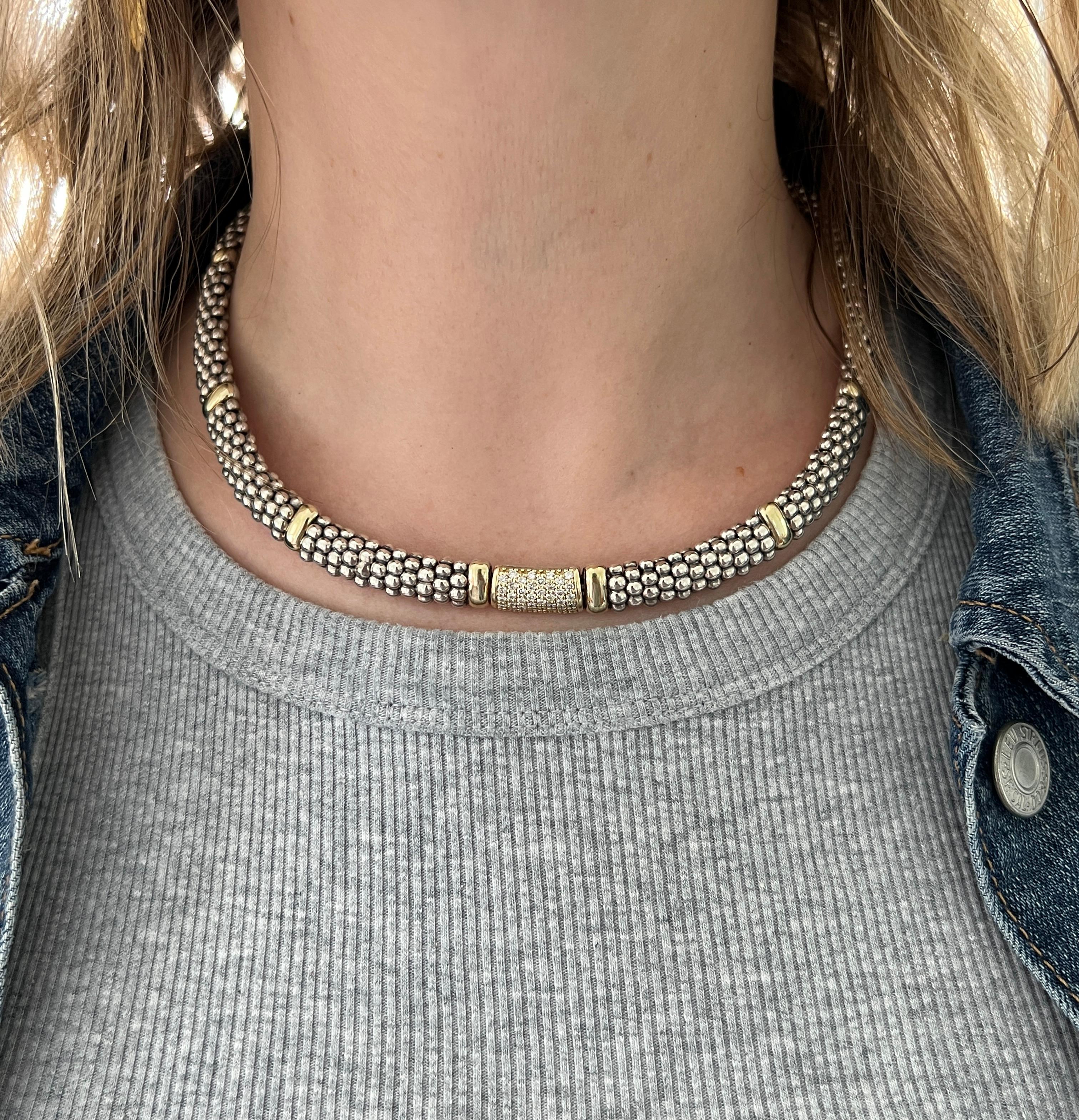 Lagos Contemporary Sterling Silber 18k Gelbgold und Diamant Caviar Halskette im Angebot 1