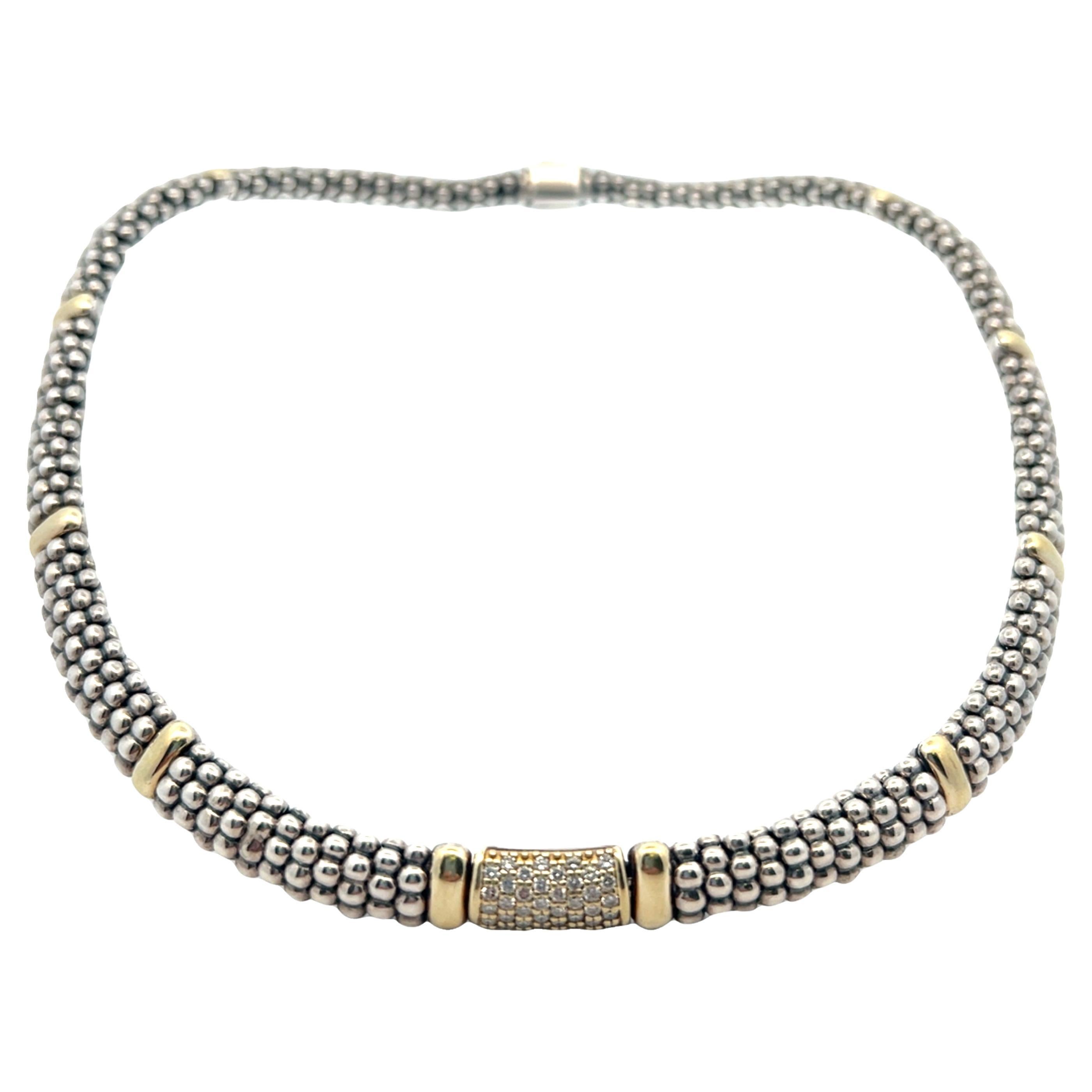 Lagos Contemporary Sterling Silver 18k Yellow Gold and Diamond Caviar Necklace