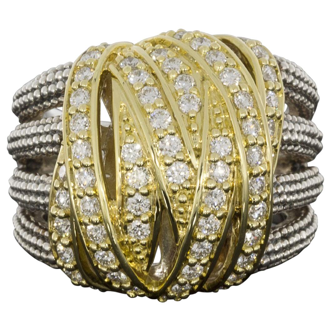 Lagos Embrace Silver & Gold 1.05 Carat Diamond Wide Caviar Beaded Ring