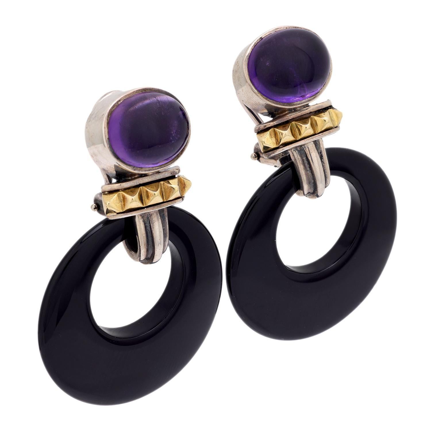 Modern LAGOS Estate 18k/Sterling Silver Amethyst and Onyx Hoop Earrings For Sale