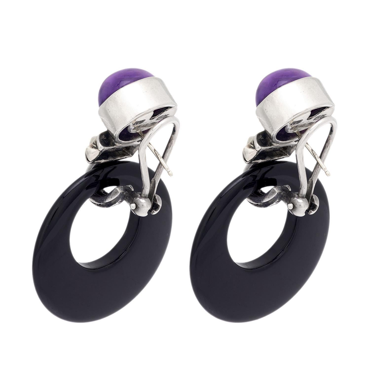 Cabochon LAGOS Estate 18k/Sterling Silver Amethyst and Onyx Hoop Earrings For Sale