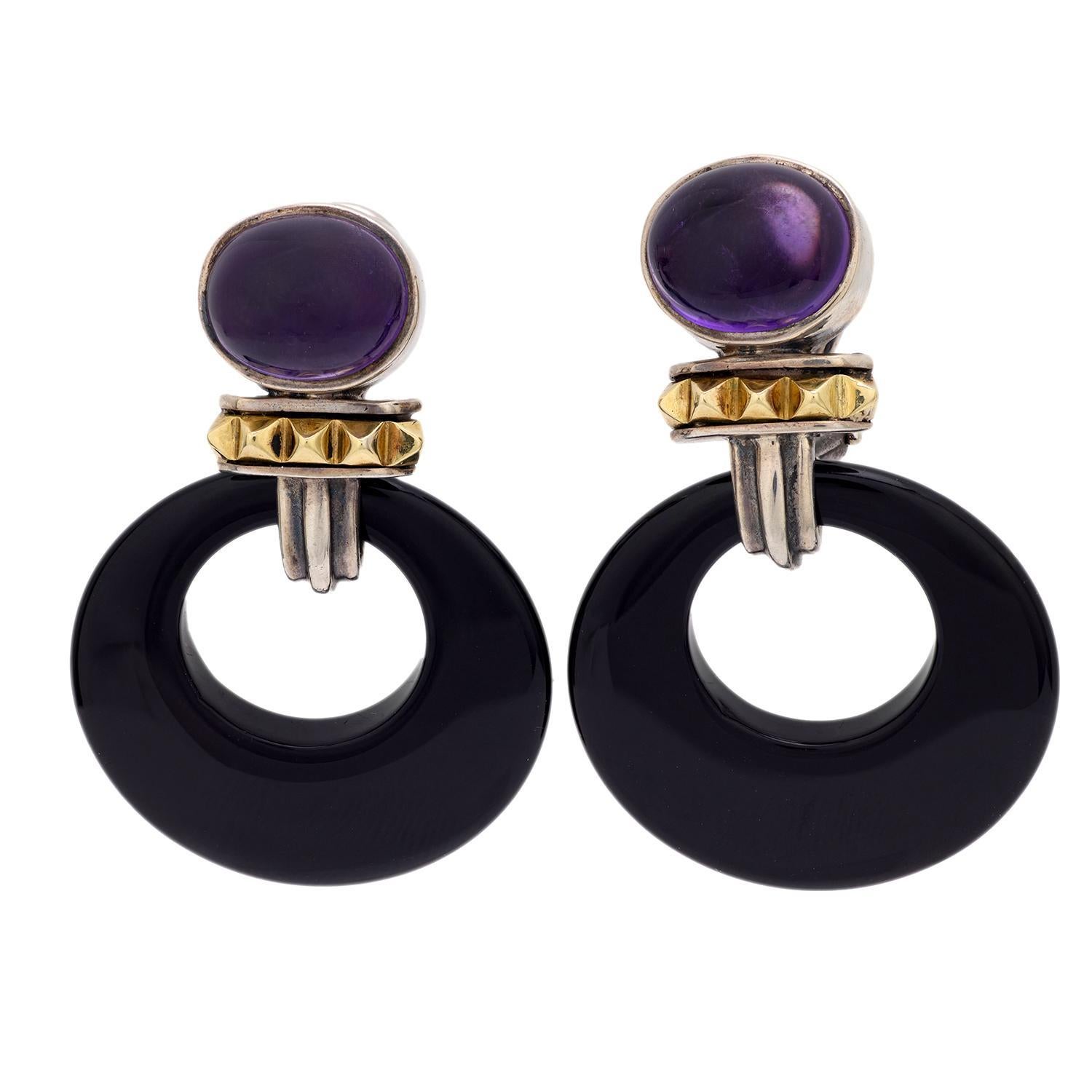 LAGOS Estate 18k/Sterling Silver Amethyst and Onyx Hoop Earrings For Sale