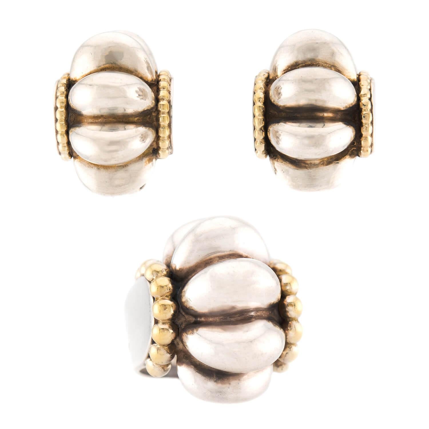 LAGOS Estate 18k/Sterling Silver Bubble Ring & Earring Set