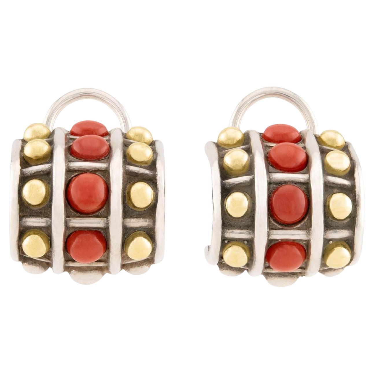 LAGOS Estate 18k/Sterling Silver Coral Checkerboard Earrings
