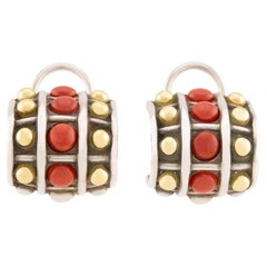 LAGOS Estate 18k/Sterling Silver Coral Checkerboard Earrings