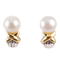 Vintage "Lagos" Fresh-Water Cultured Pearl Yellow Gold Sterling Silver Earrings