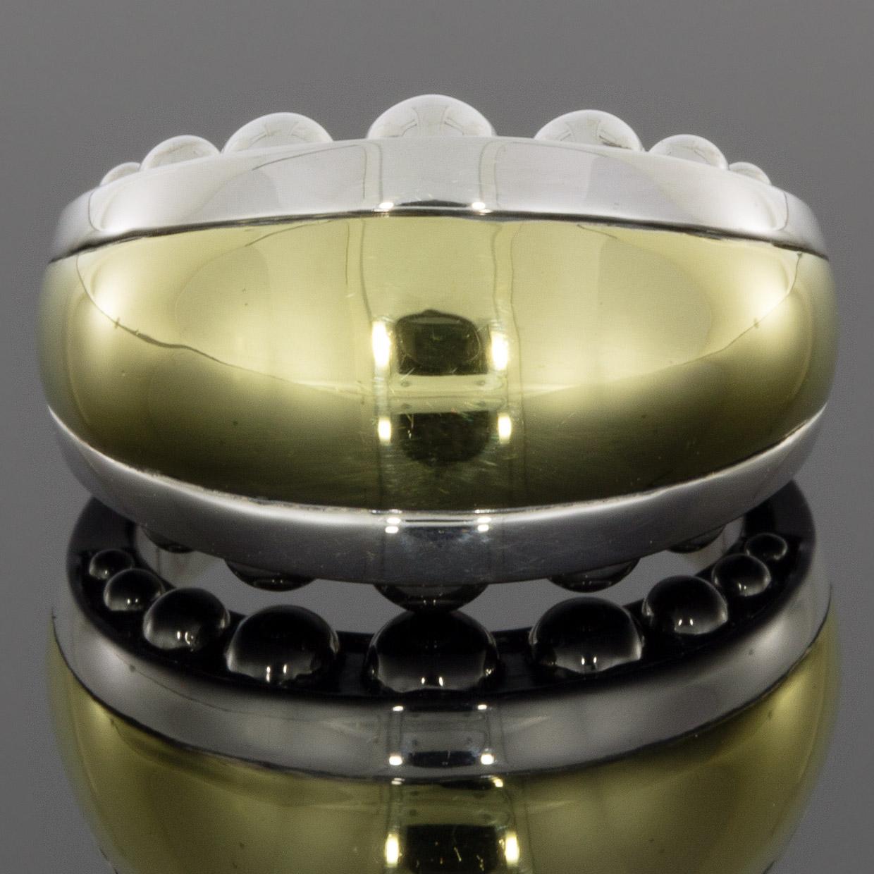 Item Details

Estimated Retail $800.00
Brand Lagos
Collection High Bar
Metal Gold & Silver
Ring Size 7
Sizable YES
Width 15 mm
Metal Purity 18k
Finish Polished
Style BAND

In 1977, LAGOS was founded by artist & master jeweler Stephen Lagos. LAGOS