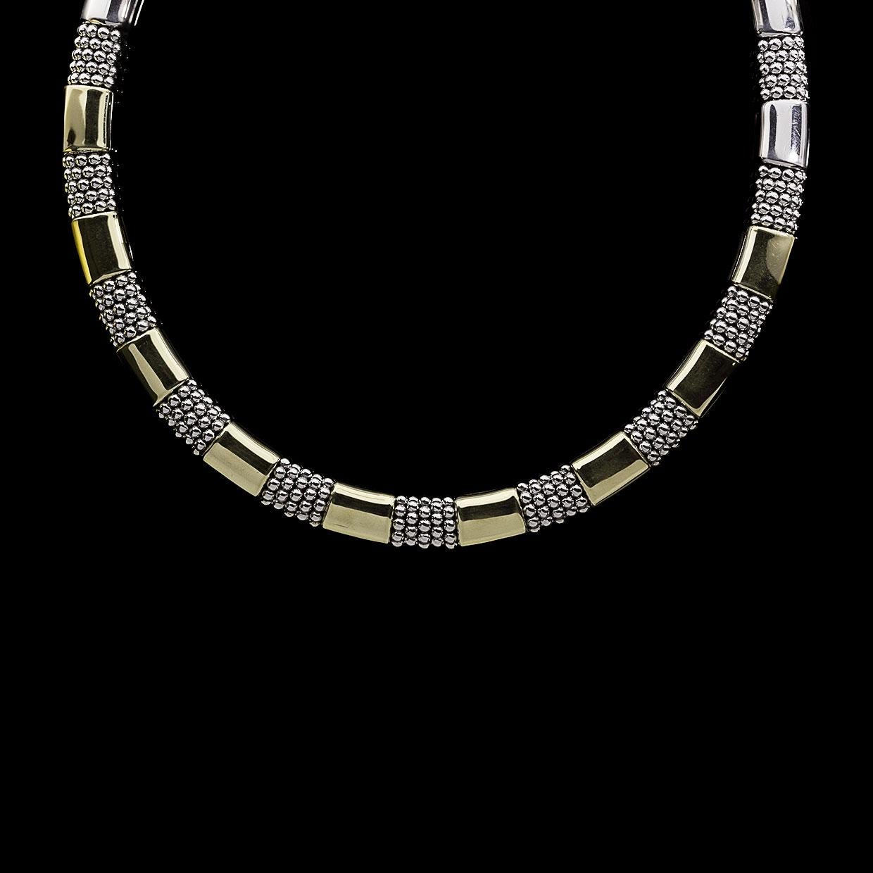 Lagos High Bar Silver & Gold 9-Station Caviar Necklace In New Condition In Columbia, MO