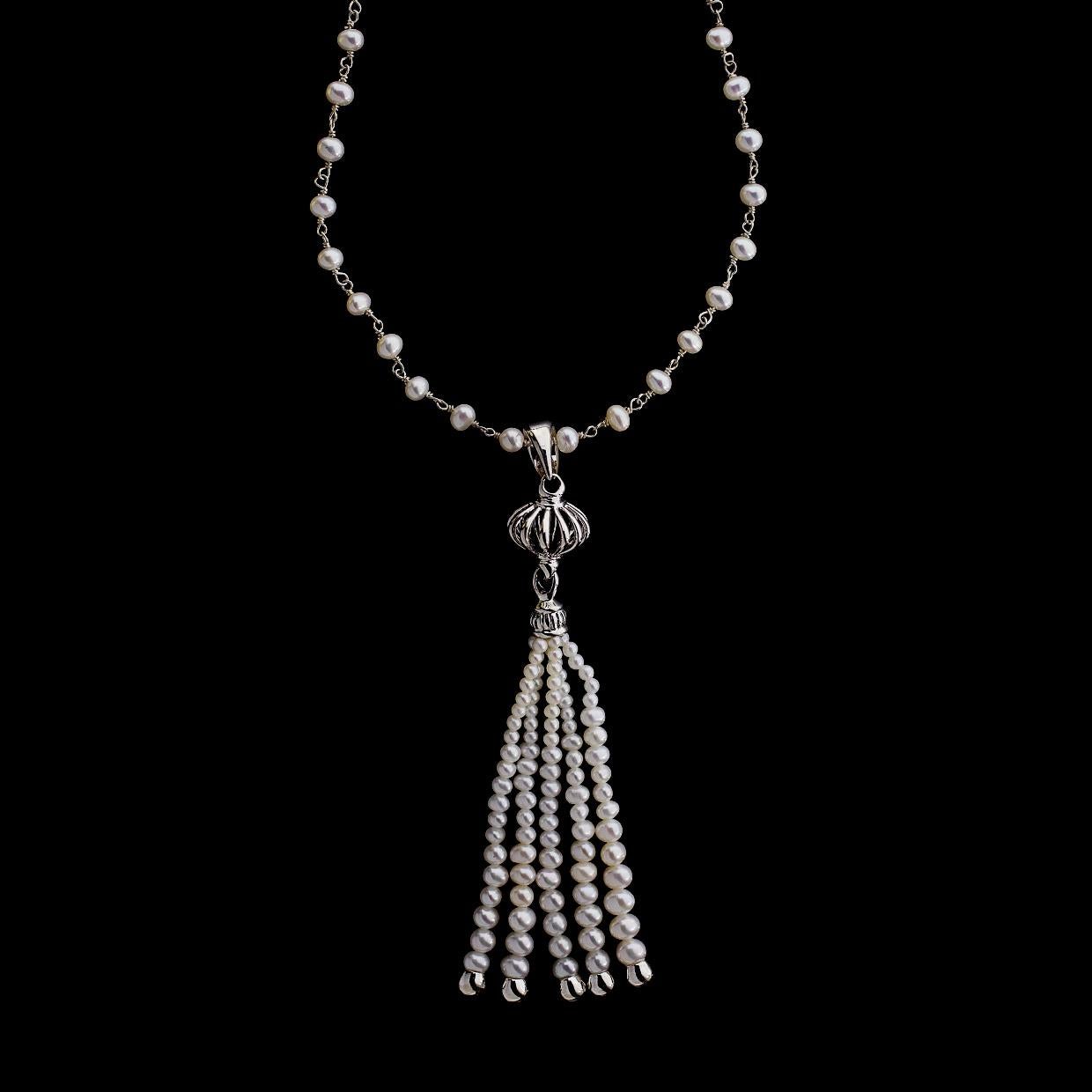Round Cut Lagos Luna Sterling Silver Fresh Water Pearl Tassel Drop Pendant Necklace For Sale