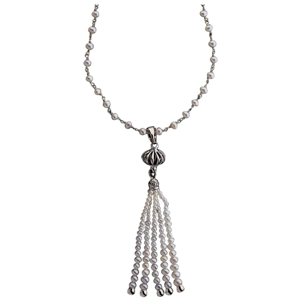 Lagos Luna Sterling Silver Fresh Water Pearl Tassel Drop Pendant Necklace For Sale