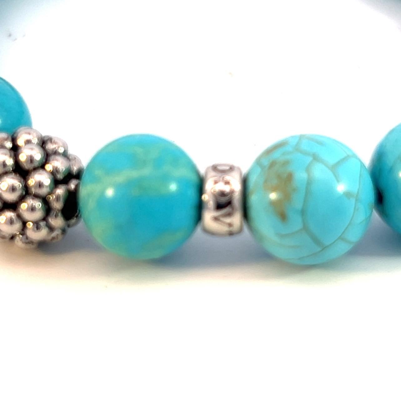 Round Cut Lagos Maya Estate Turquoise Bead Bracelet Sterling Silver 10 mm For Sale