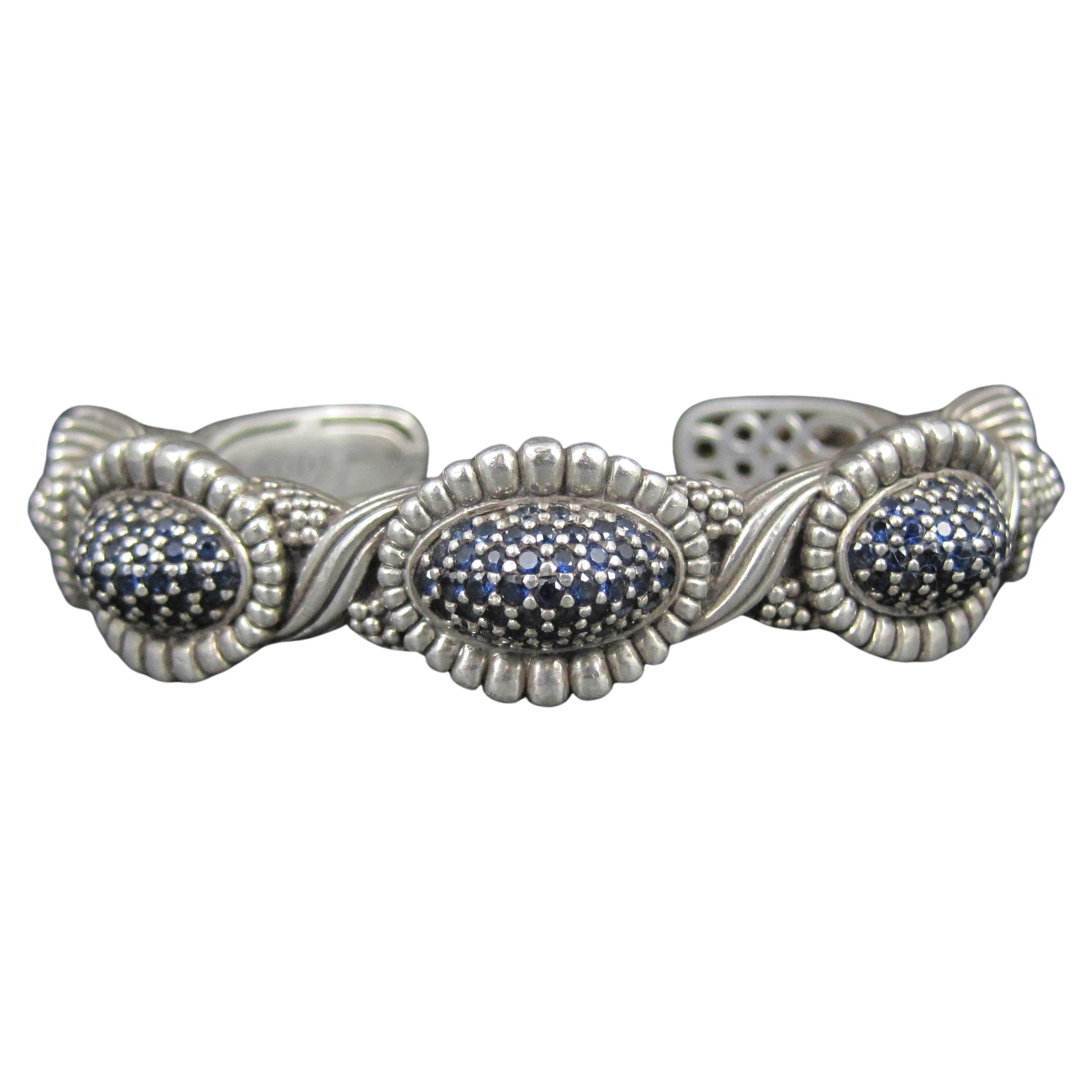 Lagos Muse Caviar Blue Sapphire Cuff Bracelet 6.34" Sterling Silver Rare 2012 For Sale
