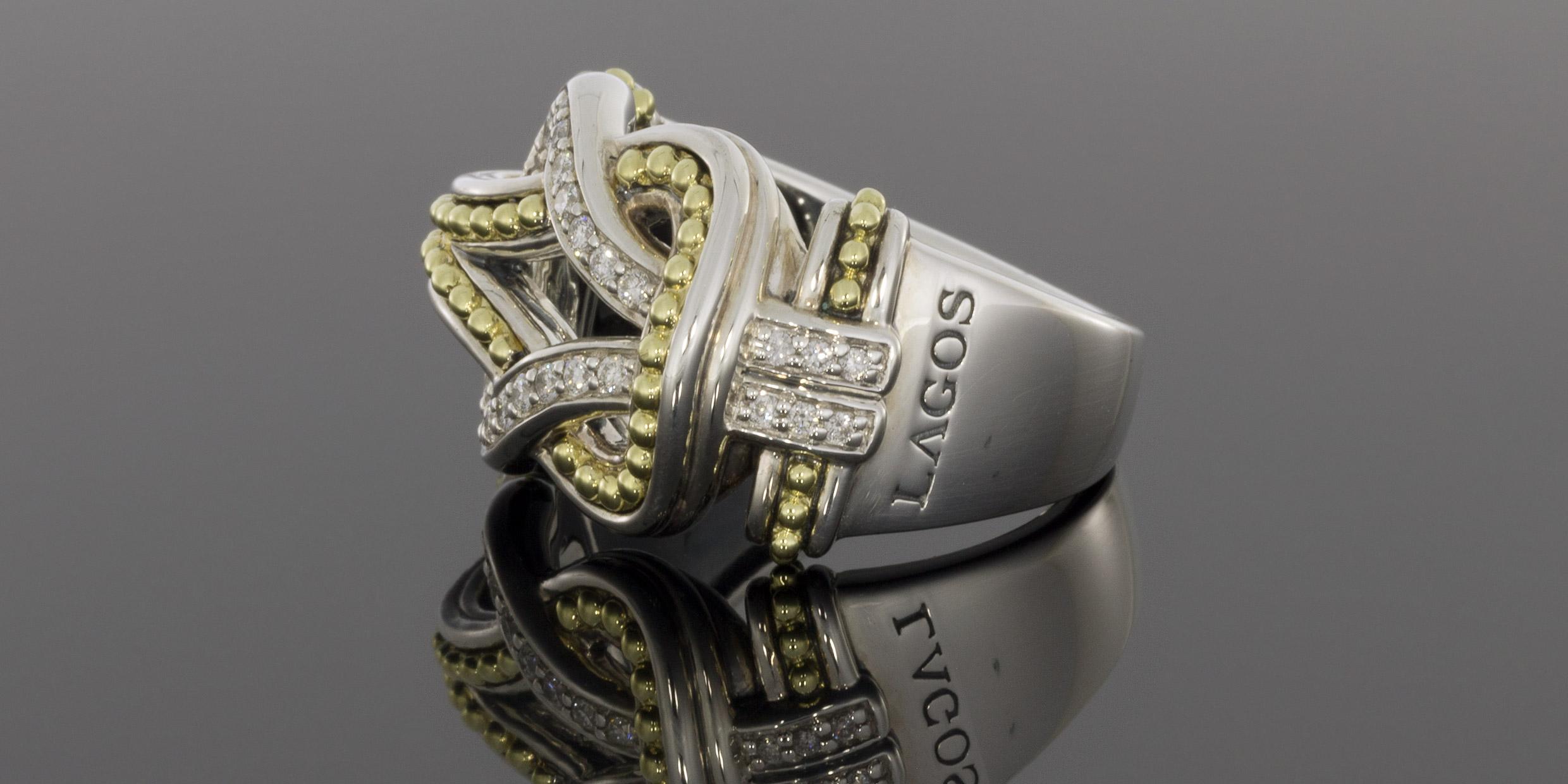 Round Cut Lagos Newport Gold and Silver 0.24 Carat Round Diamond Band Ladies Fashion Ring