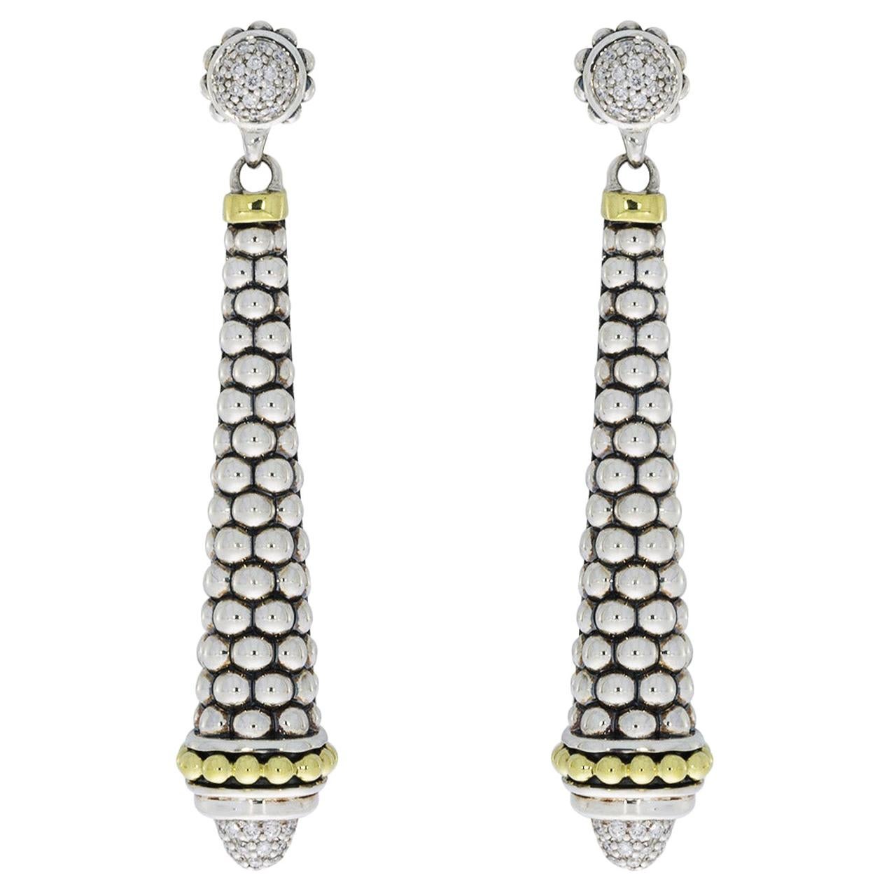 Lagos Signature Caviar Mixed Metals 0.42 Carat Round Diamond Drop Earrings