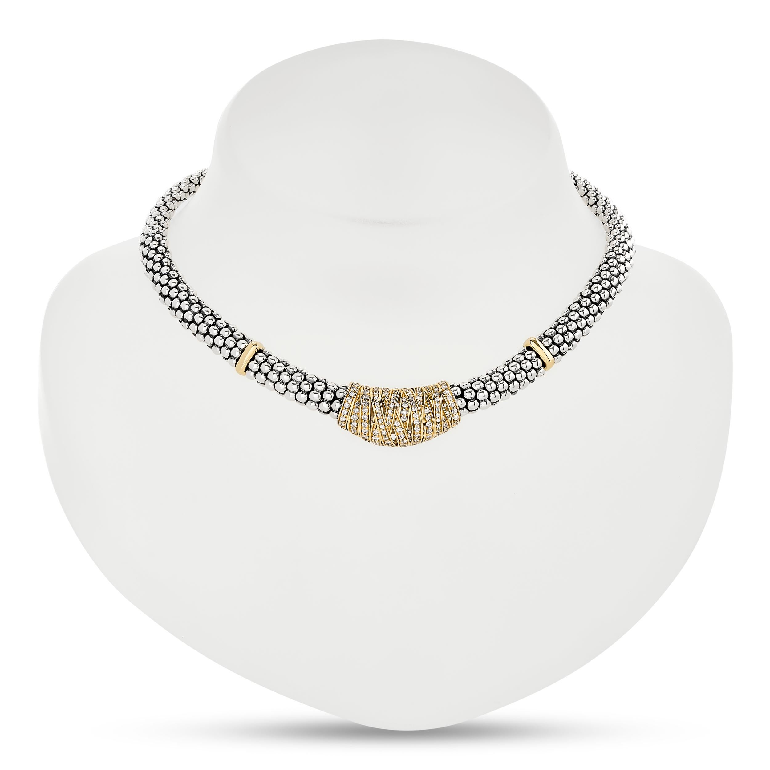 Kaviar-Halskette von LAGOS aus Silber und 18 Karat Gelbgold, verziert mit schillernden Diamanten.
133 runde Diamanten mit einem Gewicht von ca. 1,00 Karat; die Diamanten haben die Farbe H-I und die Reinheit SI1-I1.

Ungefähr 15 Zoll.
Halskette ist
