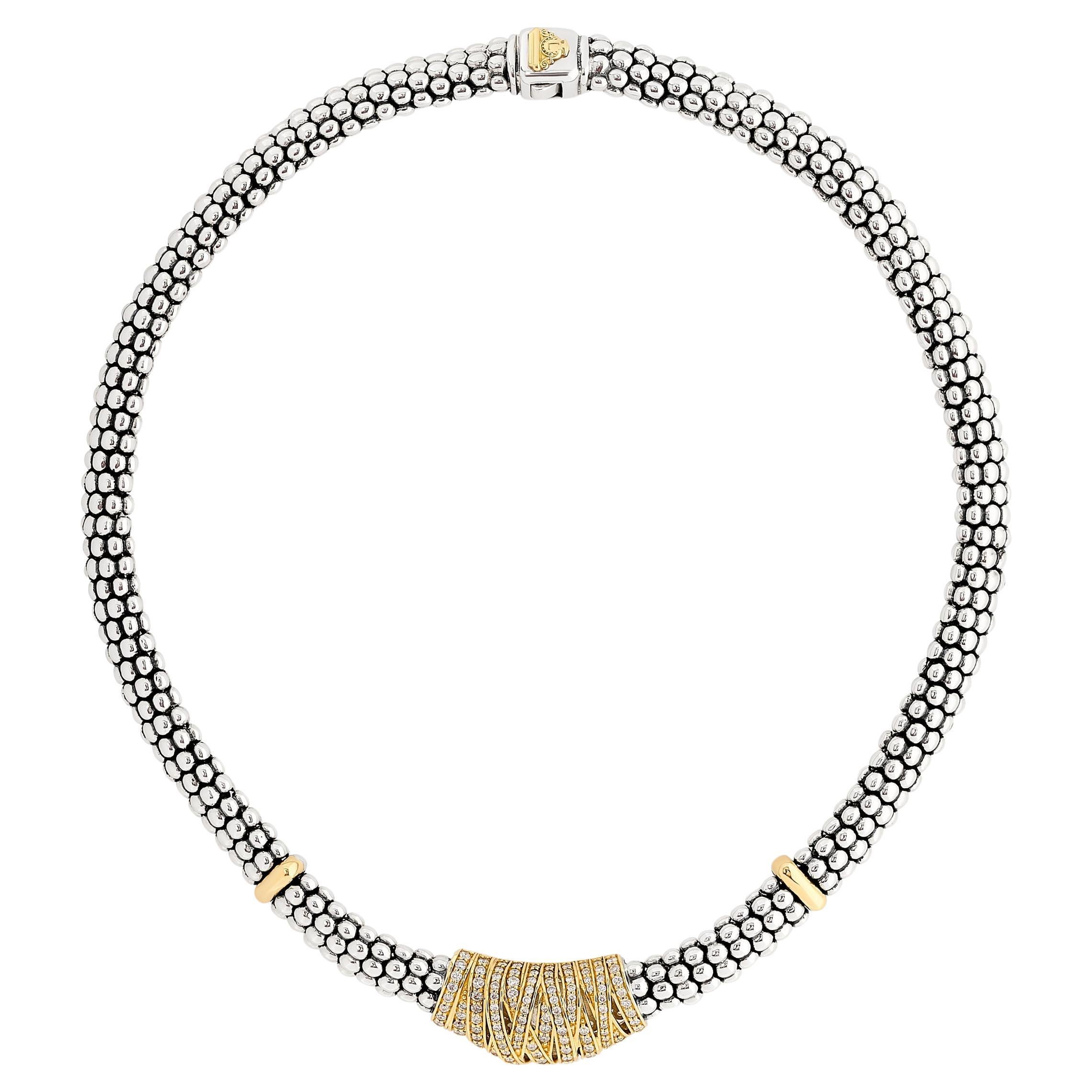 Lagos Silver and 18 Karat Yellow Gold Diamond Caviar Collection Necklace