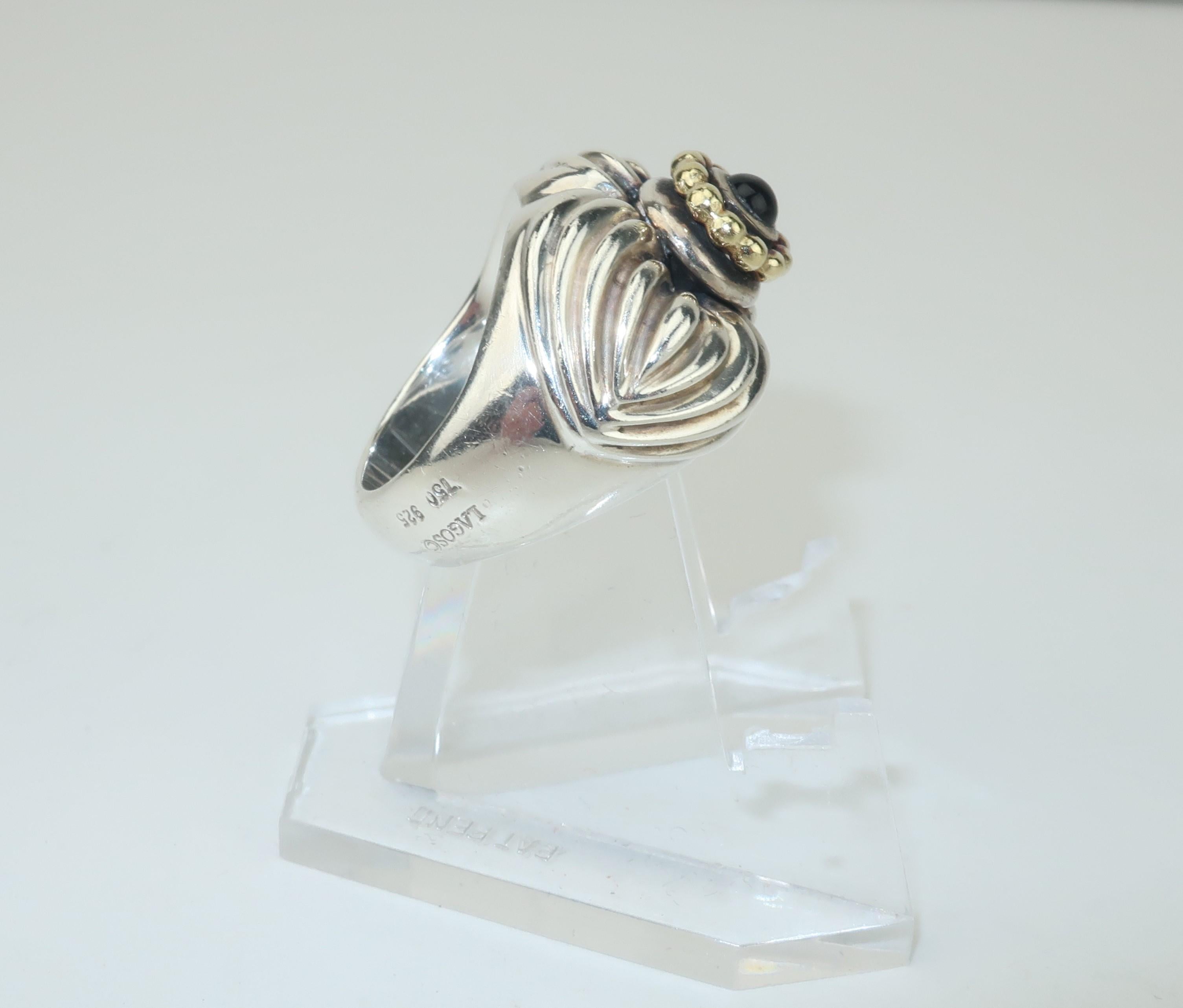 Modernist Lagos Sterling Silver & 18K Gold Caviar Ring