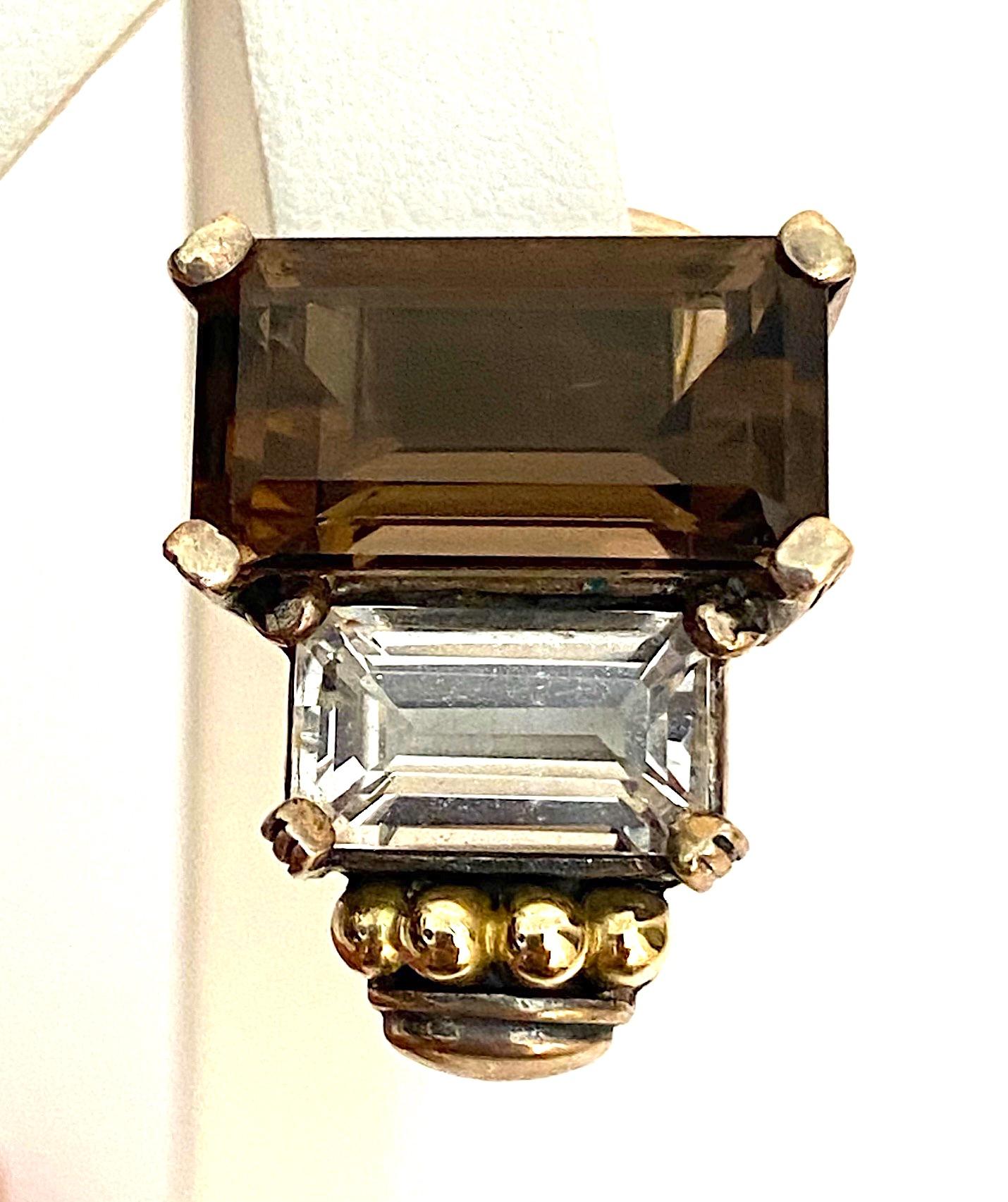 Lagos Sterling Silver, 18K Gold, White Sapphire & Smokey Quartz Earrings In Good Condition For Sale In New York, NY