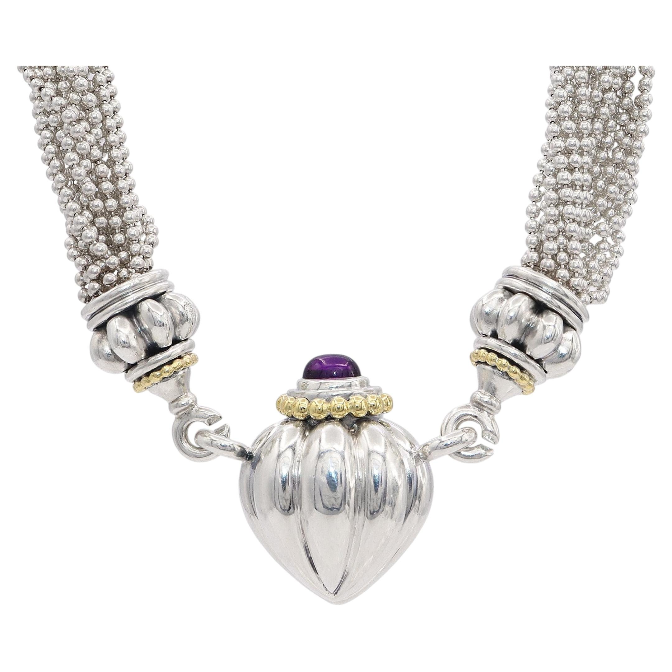 Lagos Sterling Silber & 18k Gelbgold Amethyst geraffte Herz-Halskette im Angebot